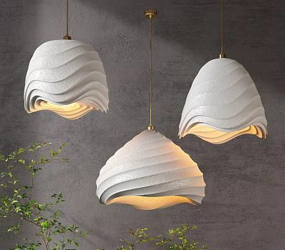 Textured White Wave Shaped Pendant Lights with Gold Hanging Chains on Grey Wall 3d model