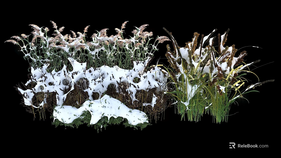 Snow Covered Shrubs And Tall Grasses In Winter Natural Landscape 3d model 