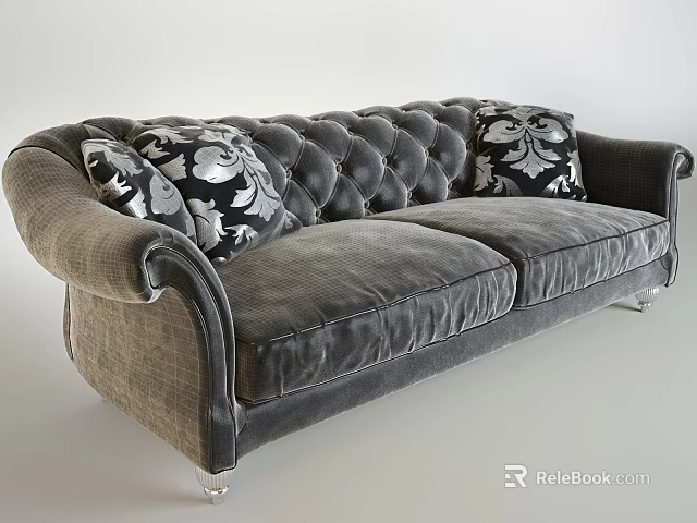 Gray Tufted Two Seater Sofa With Curved Arms Patterned Pillows And Transparent Legs 3d model 