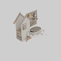 Cozy Children's Play Area With Wooden Playhouse Slide Wall Colorful Banners Toys And Ball Pit