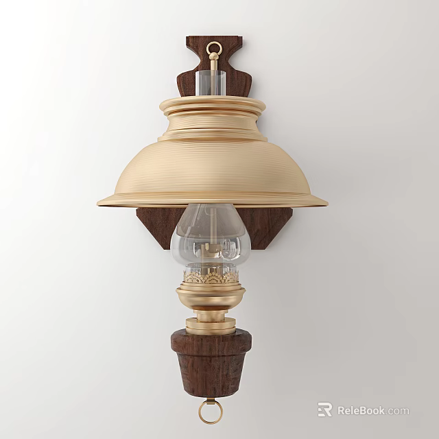 Elegant Golden Wall Lamp With Wooden Base And Carved Decorations Transparent Bulb And Classic Design 3d model 