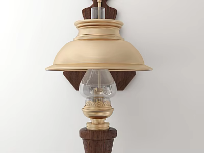 Elegant Golden Wall Lamp With Wooden Base And Carved Decorations Transparent Bulb And Classic Design 3d model