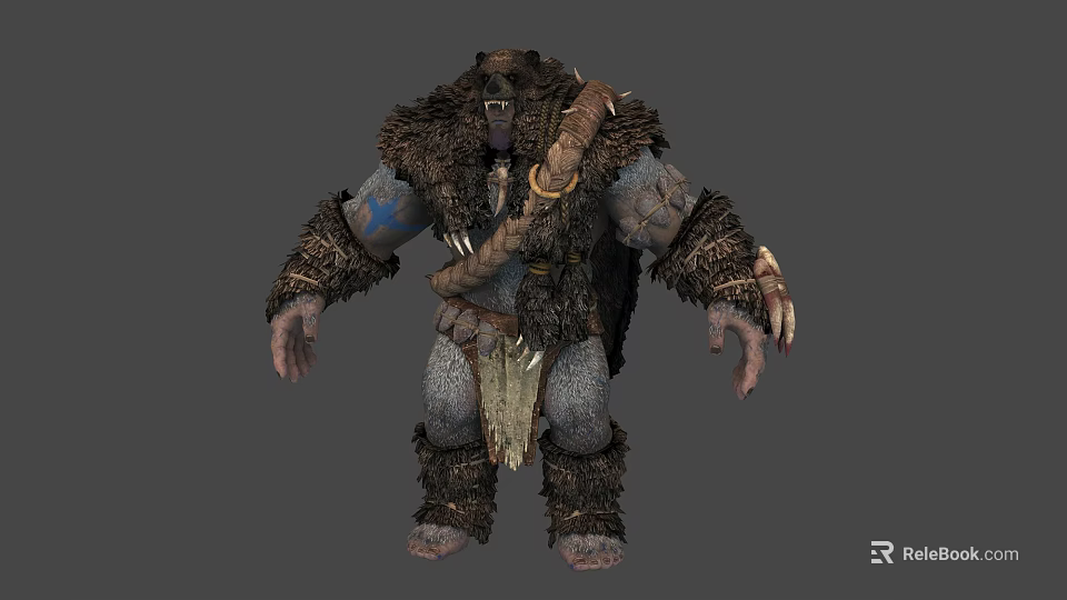 Muscular Man in Rough Fur Attire With Woven Vines Blue Tattoos and Bone Decorations 3d model 