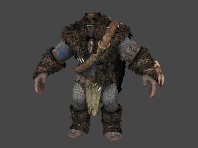 Muscular Man in Rough Fur Attire With Woven Vines Blue Tattoos and Bone Decorations 3d model