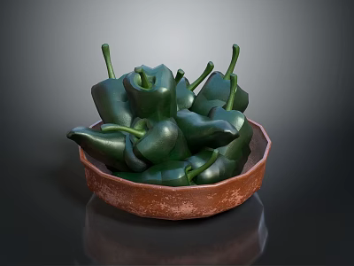 Fresh Ripe Green Bell Peppers with Stems in Rustic Brown Ceramic Bowl 3d model