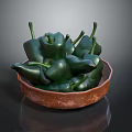 Fresh Ripe Green Bell Peppers with Stems in Rustic Brown Ceramic Bowl
