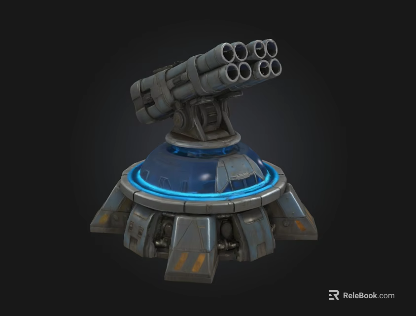 Multi Barrel Mechanical Weapon With Blue Glowing Base And Circular Structure 3d model 