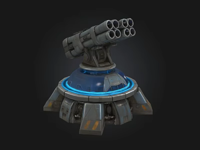 Multi Barrel Mechanical Weapon With Blue Glowing Base And Circular Structure 3d model