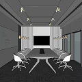 Modern Meeting Room With Long Conference Table White Chairs Whiteboard TV And City View Windows