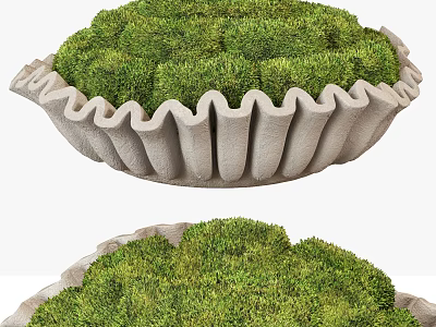 Wavy Grayish White Sculpture With Bowl Shape And Lush Green Moss 3d model