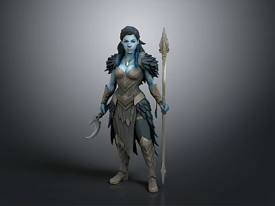 Blue Skinned Mythical Woman in Feathered Armor Holding Spear and Scimitar 3d model