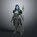 Blue Skinned Mythical Woman in Feathered Armor Holding Spear and Scimitar