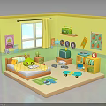 Kids Bedroom Interior With Yellow Walls Window Curtains Bed Scooter Toys And Bookshelf