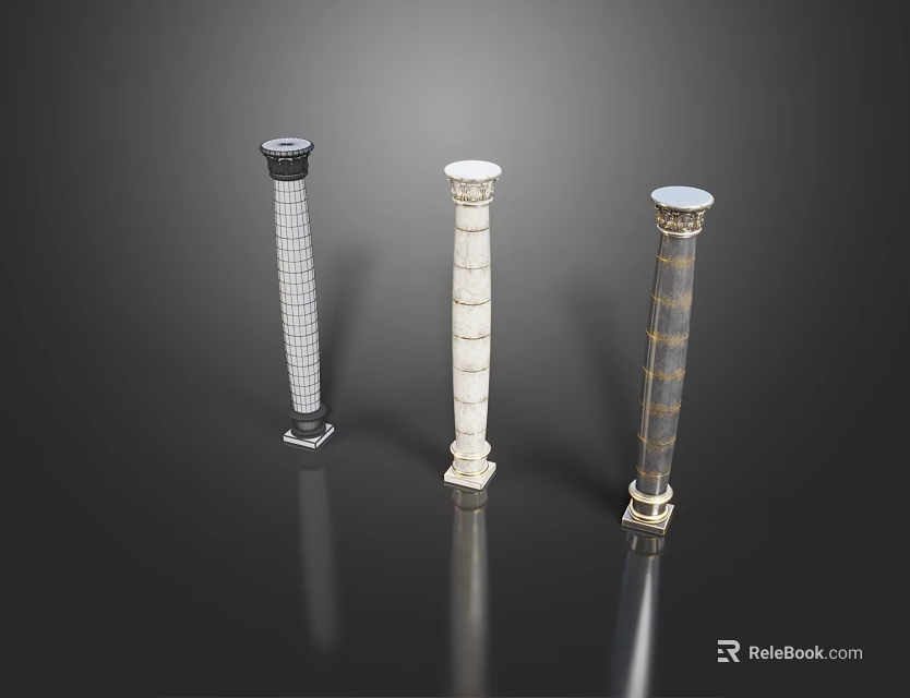 Three Decorative Columns With Classical Design Ornate Capitals And Fluted Patterns 3d model 