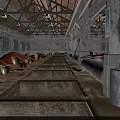 Dark Spacious Vintage Industrial Factory Interior With Large Rusty Pipes And Tall Grid Side Windows