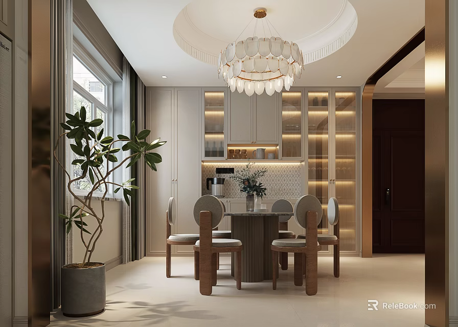 Modern Restaurant Interior With Round Dining Table Chandelier Chairs And Green Plant 3d model 