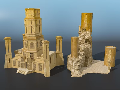 Ancient Architecture Models Featuring Tower Structures Rock Base And Cylindrical Elements 3d model