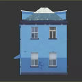 Cartoon Scene Of Two Story Blue House With Snow Covered Roof Green Door And Windows