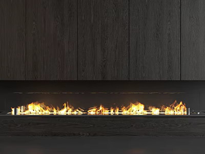Modern Fireplace Design With Burning Flames And Dark Wooden Cabinet Surroundings 3d model