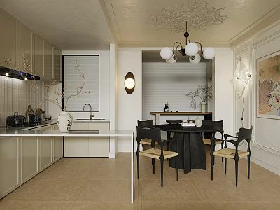 Modern Restaurant Interior With Open Design Dining Table Chairs And Pendant Lights 3d model