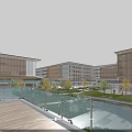 Modern School Buildings Surrounded By Greenery And Open Plaza Under Blue Sky With Glass Railings