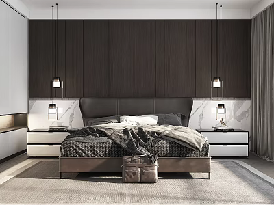 Modern Bedroom Interior With Dark Wood Paneled Wall Upholstered Headboard And Pendant Lights 3d model