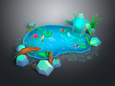 Cartoon Style Pond Scene With Water Lilies Fish Decorative Stones And Green Plants 3d model