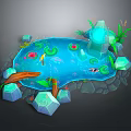 Cartoon Style Pond Scene With Water Lilies Fish Decorative Stones And Green Plants