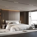 Modern Bedroom Interior With Large Bed Wooden Wardrobe Ambient Lighting And Floor To Ceiling Window