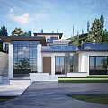 Modern Detached Villa with Large Glass Walls Surrounded by Trees and Spacious Driveway
