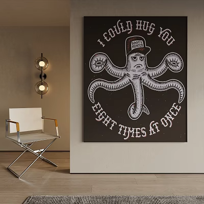 Octopus Themed Wall Art In Modern Interior With Chair And Lights 3d model