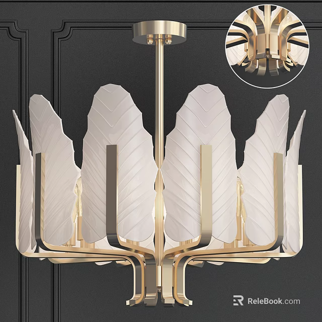 Elegant Modern Chandelier With Golden Metal Frame And White Feather Like Leaf Shades 3d model 