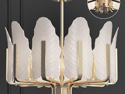 Elegant Modern Chandelier With Golden Metal Frame And White Feather Like Leaf Shades 3d model