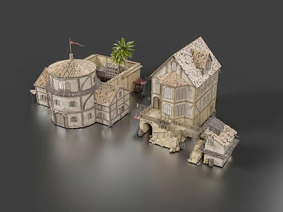 Vintage Guesthouse Architecture With Round Tower Pointed Roof Wooden Details Courtyard And Palm Tree 3d model