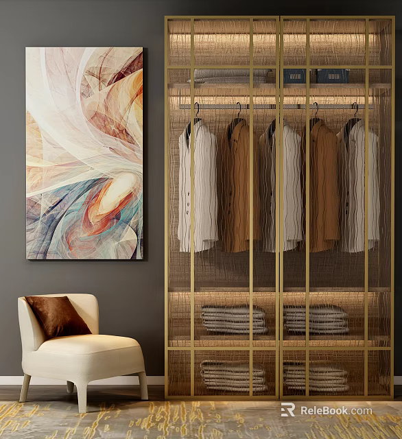 Modern Elegant Wardrobe with Golden Frame Hanging Clothes Folded Linens Abstract Painting and Accent Chair 3d model 