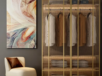 Modern Elegant Wardrobe with Golden Frame Hanging Clothes Folded Linens Abstract Painting and Accent Chair 3d model