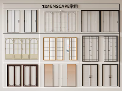 Various Stylish Sliding Doors with Glass Panels and Wooden Frames for Interior Design 3d model