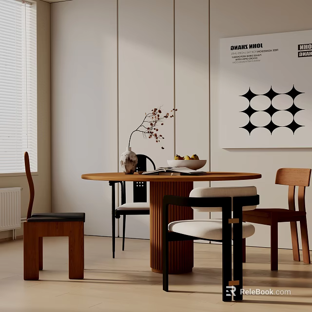 Modern Round Dining Table Set With Mixed Design Chairs Vase And Geometric Wall Art 3d model 