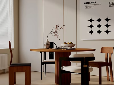 Modern Round Dining Table Set With Mixed Design Chairs Vase And Geometric Wall Art 3d model