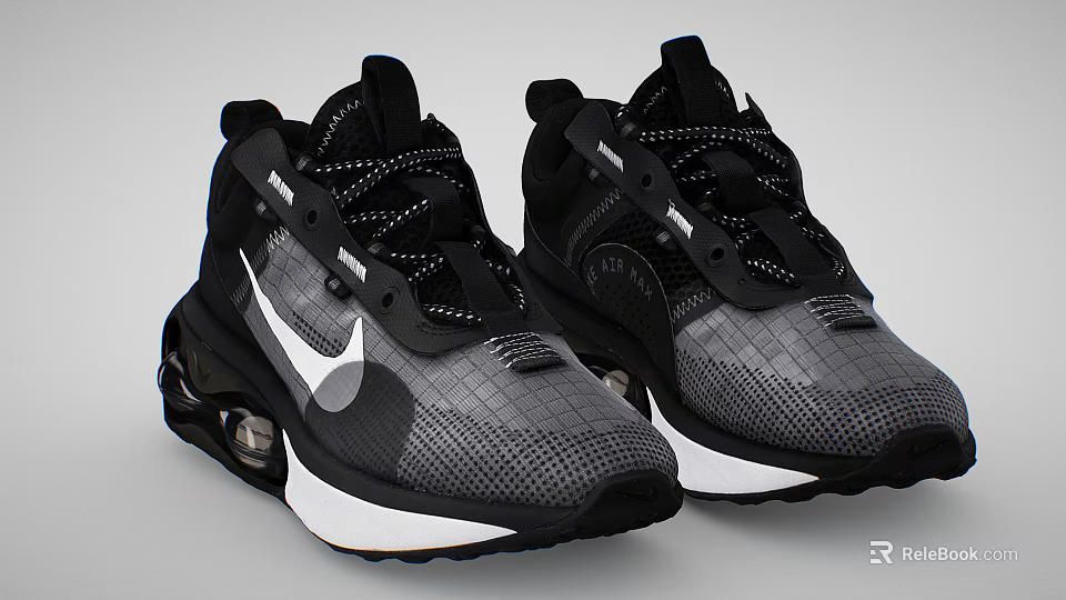 Black Gray Running Sneakers With White Logo Air Cushion Mesh Upper And Lace Up Design 3d model 