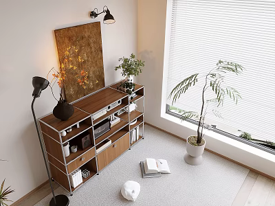 Stylish Bookshelf with Wooden Shelves Near Floor Lamp Decorative Artwork Potted Plant and Window Blinds 3d model