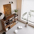 Stylish Bookshelf with Wooden Shelves Near Floor Lamp Decorative Artwork Potted Plant and Window Blinds