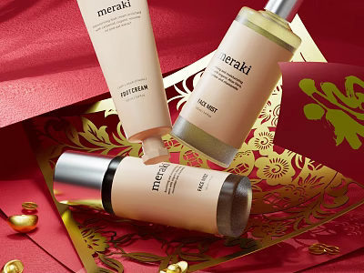 Meraki Perfume Cosmetics Skincare Products With Golden Decoration On Red Festive Background 3d model