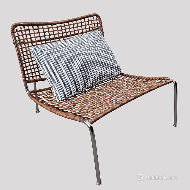 Modern Wicker Leisure Chair with Blue and White Checkered Cushion and Metal Legs 3d model 
