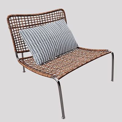 Modern Wicker Leisure Chair with Blue and White Checkered Cushion and Metal Legs 3d model