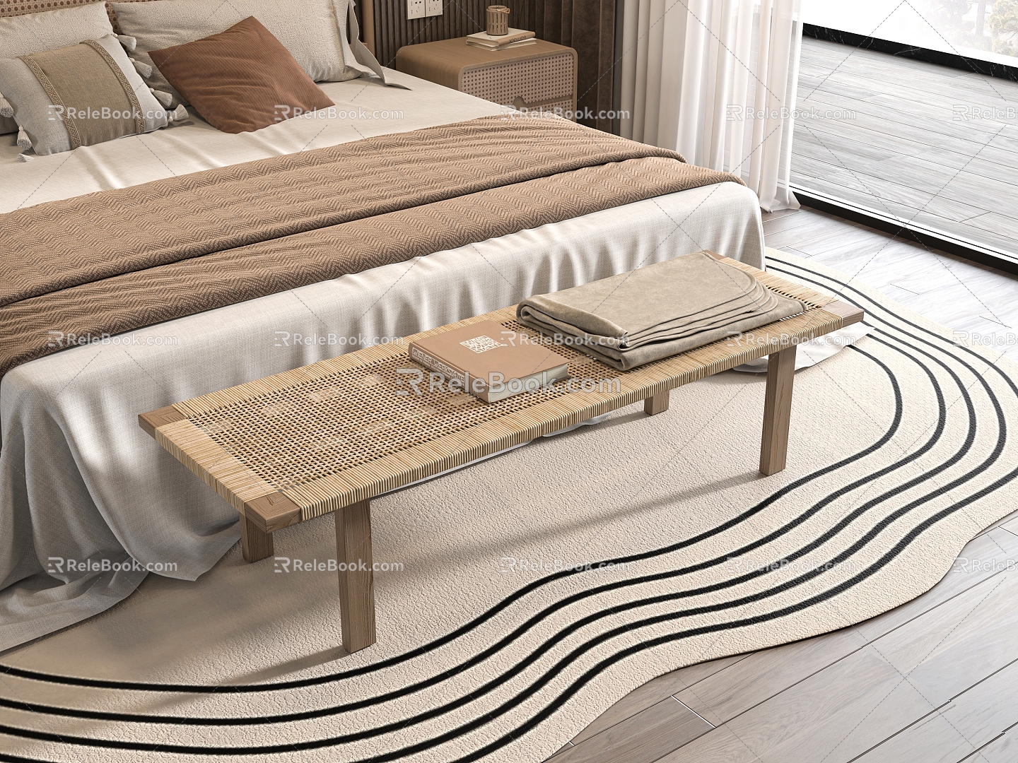 Nordic rattan bed end stool 3d model