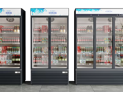 Three Glass Door Commercial Display Refrigerators With Beverages In Supermarket 3d model