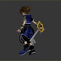 3D Render Of Anime Character With Brown Spiky Hair Blue Outfit Keyblade And Flame Patterns
