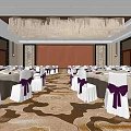 Elegant Banquet Hall Interior With White Chairs Purple Ribbons Patterned Carpet And Large Chandelier