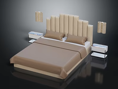 Modern Upholstered Bed Furniture with Vertical Tufted Headboard Wooden Nightstands and Table Lamps 3d model
